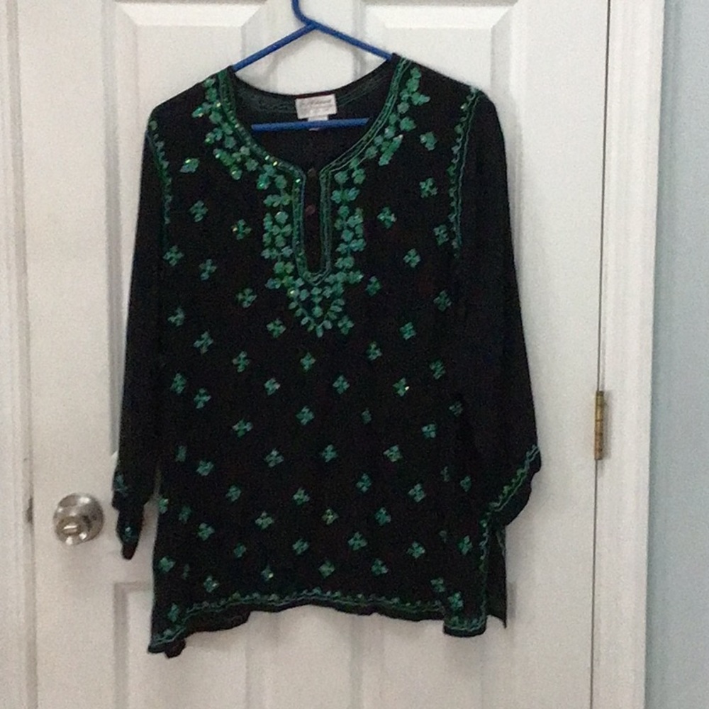 Black gauze sequin trim top
